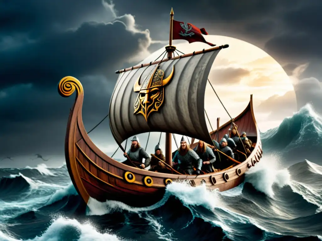 Diseño de drakkars en conquistas: Drakkar vikingo en alta mar, tripulado por guerreros listos para la batalla