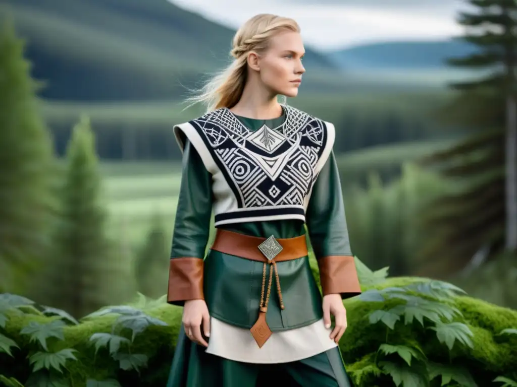 Diseño de moda sostenible vikingo con materiales eco y runas nórdicas en un bosque