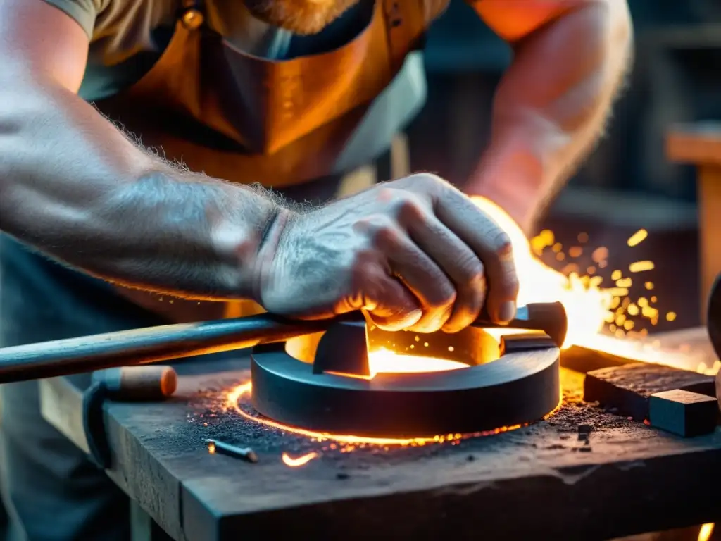 Un hábil herrero vikingo martillea diseños en un anillo de plata, rodeado de herramientas en una forja, mostrando el significado de los anillos vikingos en la sociedad nórdica