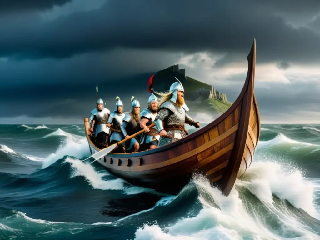 Documentación de conquistas vikingas en literatura: un drakkar vikingo navega en aguas turbulentas con guerreros a bordo y aldeas medievales en la costa