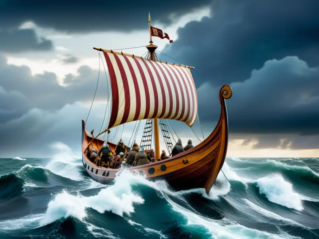 Documentales habilidad naval vikinga: Vikingos navegando en un drakkar en aguas bravas bajo un cielo dramático