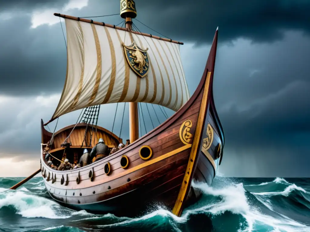 Documentales de historias vikingas adaptadas al cine: Vikingos navegando en un barco en tormenta con guerreros determinados en cubierta