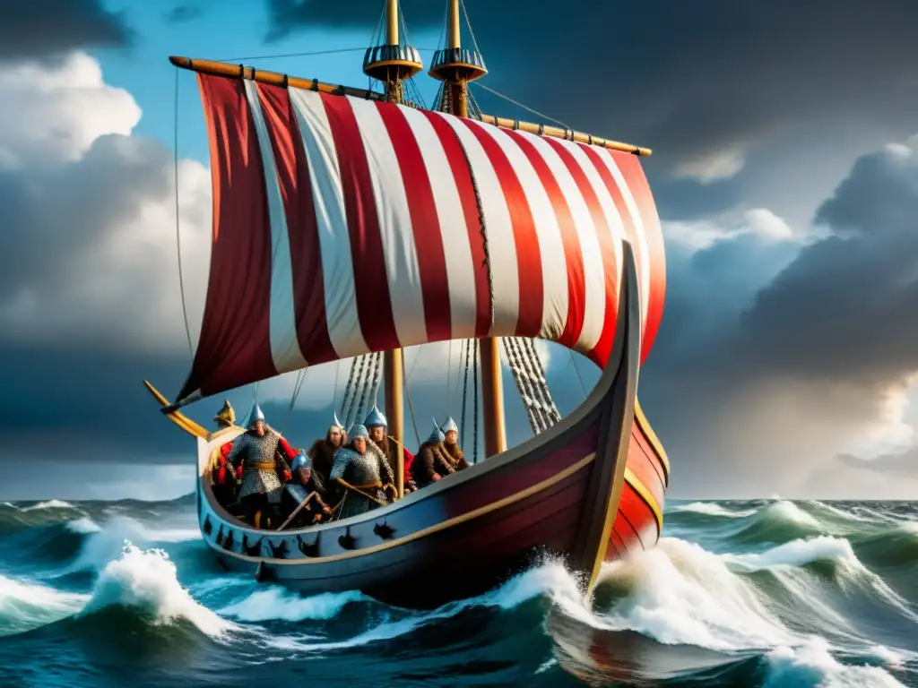 Documentales de historias vikingas adaptadas al cine: Un Vikingo longship navegando en mares turbulentos con guerreros a bordo