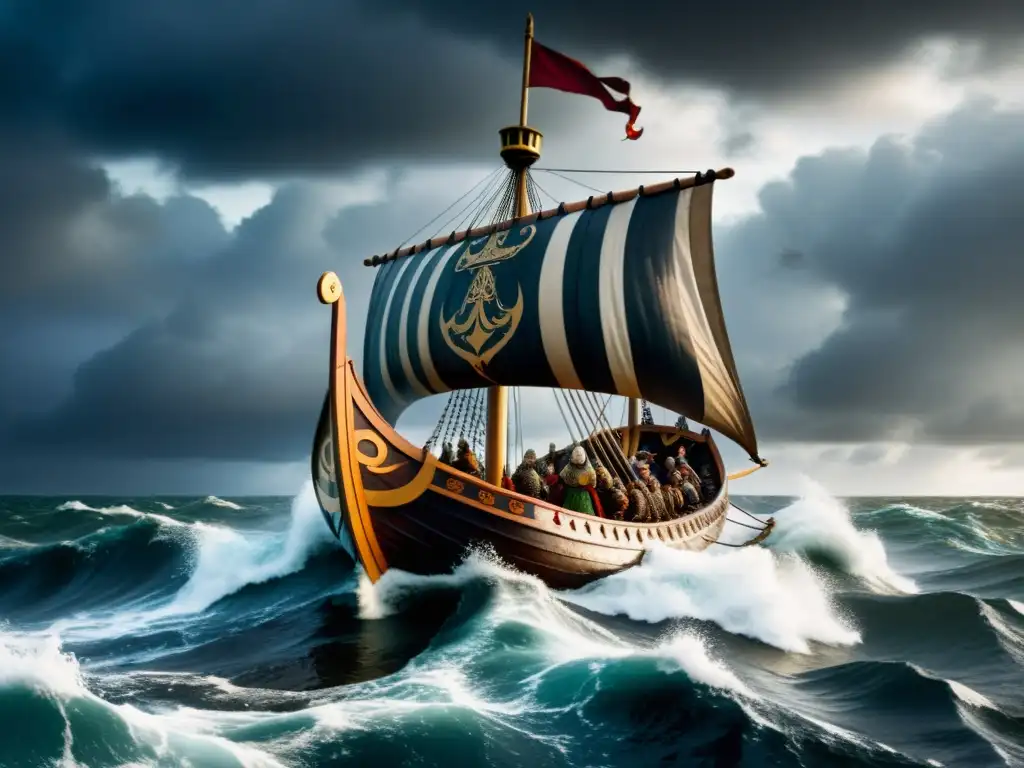 Documentales de historias vikingas adaptadas al cine: un drakkar vikingo surca mares turbulentos con guerreros fieros a bordo