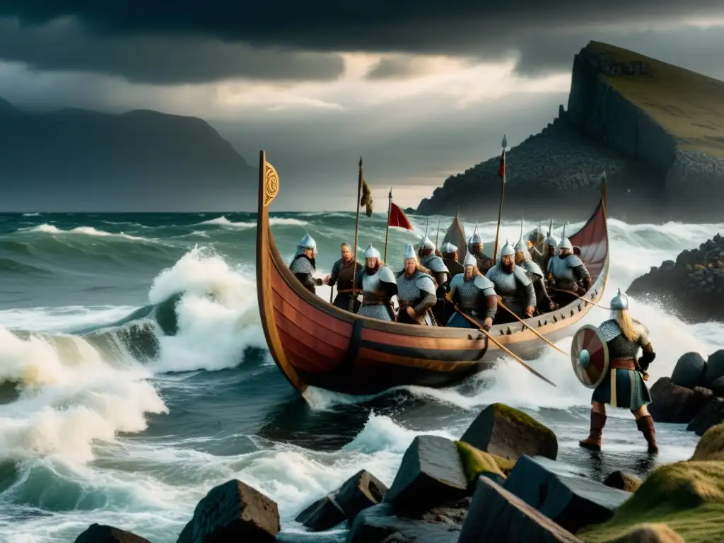 Documentales de mitología vikinga devoción: escena épica de guerreros vikingos preparándose para la batalla en la costa rocosa