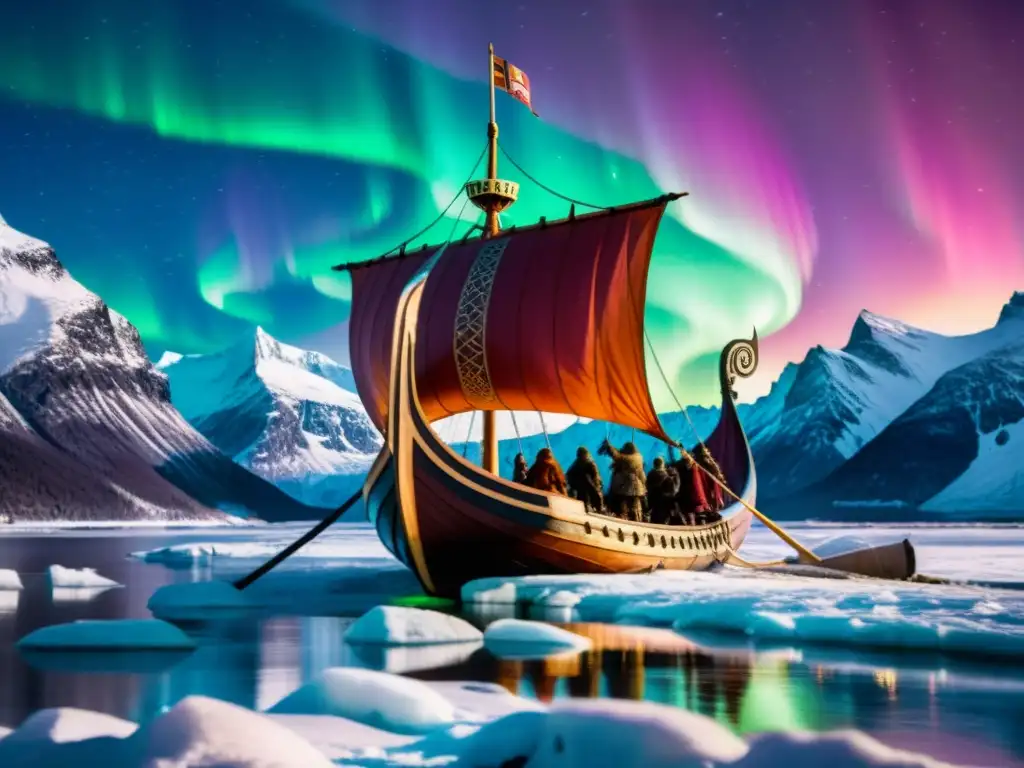 Documentales vida vikinga tierras nórdicas: Vikingos surcando aguas heladas bajo auroras boreales