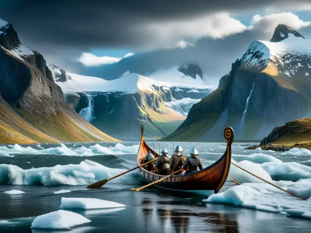 Documentales vida vikinga tierras nórdicas: Imagen impactante de un drakkar vikingo surcando aguas heladas entre montañas nevadas y cielo tormentoso