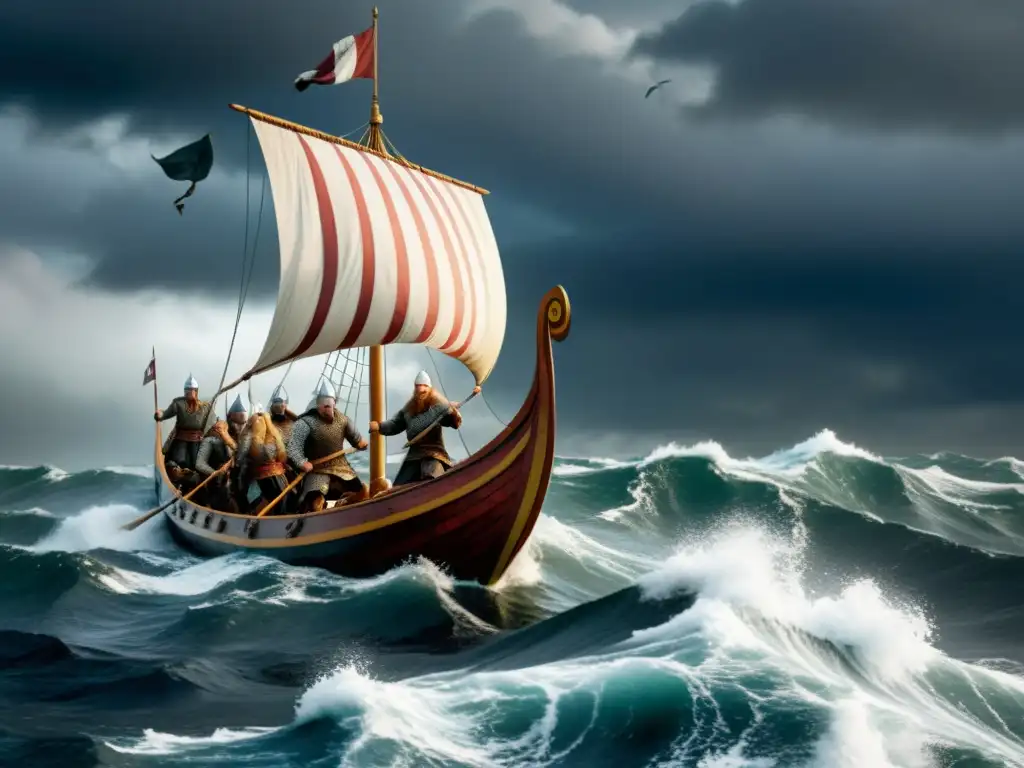 Documentales mitología vikinga devoción: Un drakkar vikingo surca mares tormentosos con guerreros remando bajo un cielo amenazante