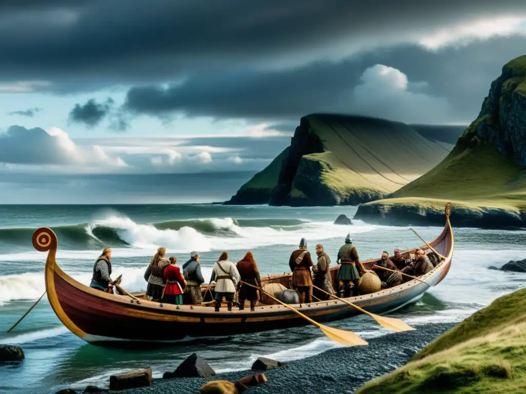 Documentales vikingos sobre viajes a América: Vikingos desembarcando en la costa de América del Norte, con barcos largos y guerreros nórdicos