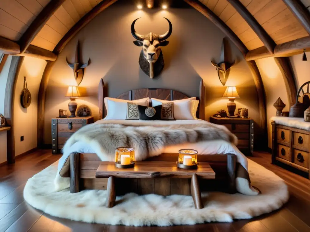 Un dormitorio temático vikingo aventurero con cama de madera tallada con dragones, mantas de piel y decoración vikinga