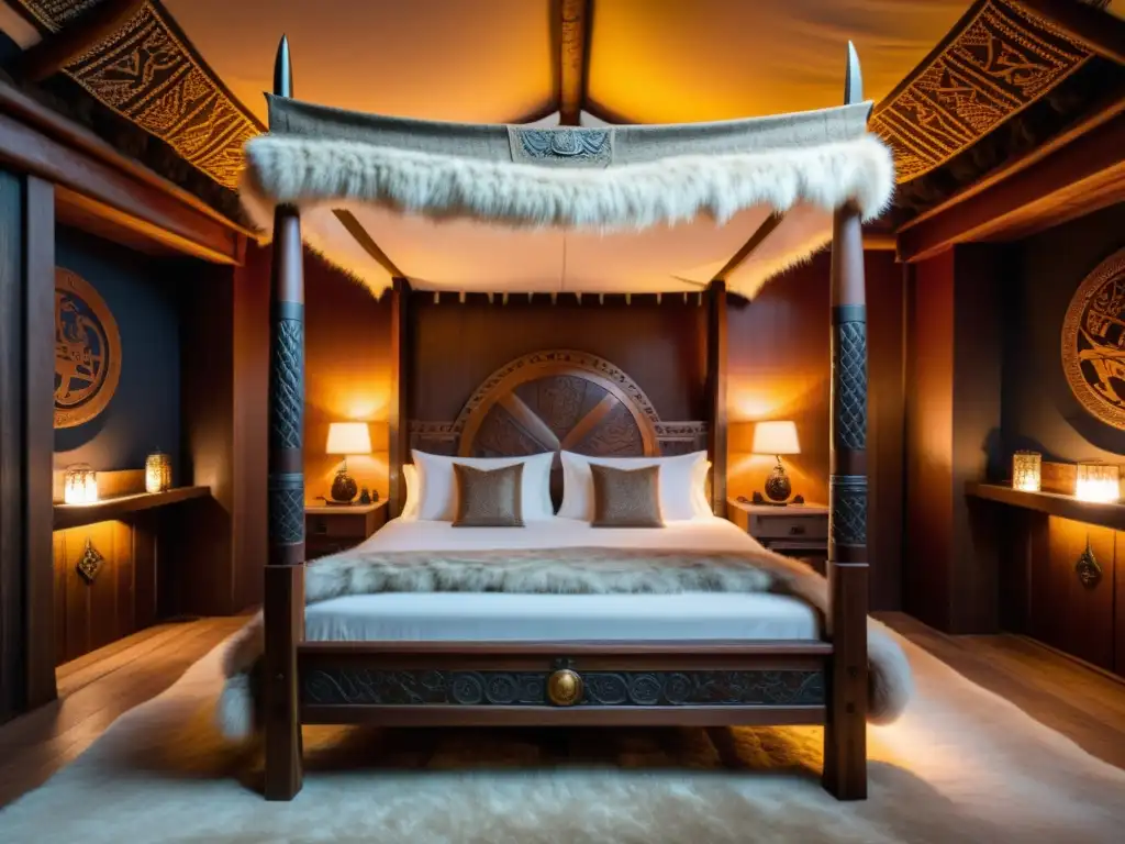 Un dormitorio temático vikingo aventurero con detalles de dragones, pieles y decoraciones épicas