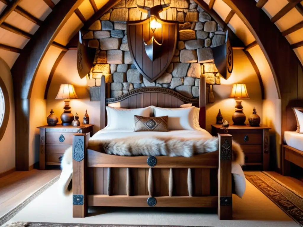 Dormitorio vikingo aventurero con cama de madera tallada como un barco, pieles y escudo en la pared, iluminado por antorchas, y ventana estrellada