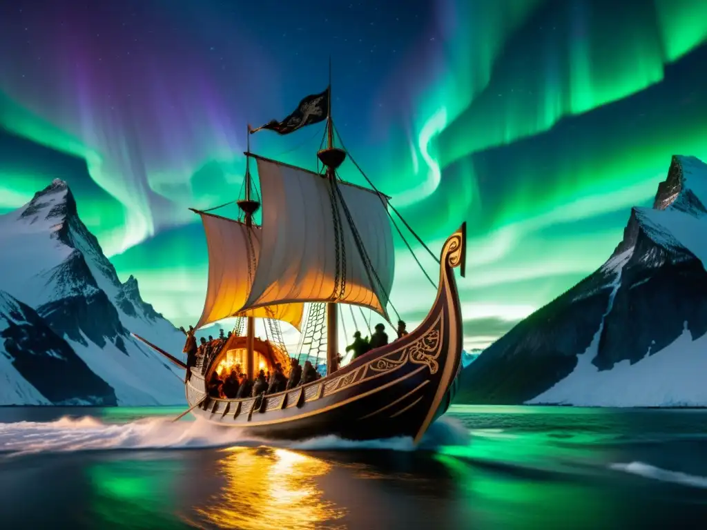 Un drakkar vikingo navegando entre auroras boreales, guerreros y Valhalla en lo alto de una montaña