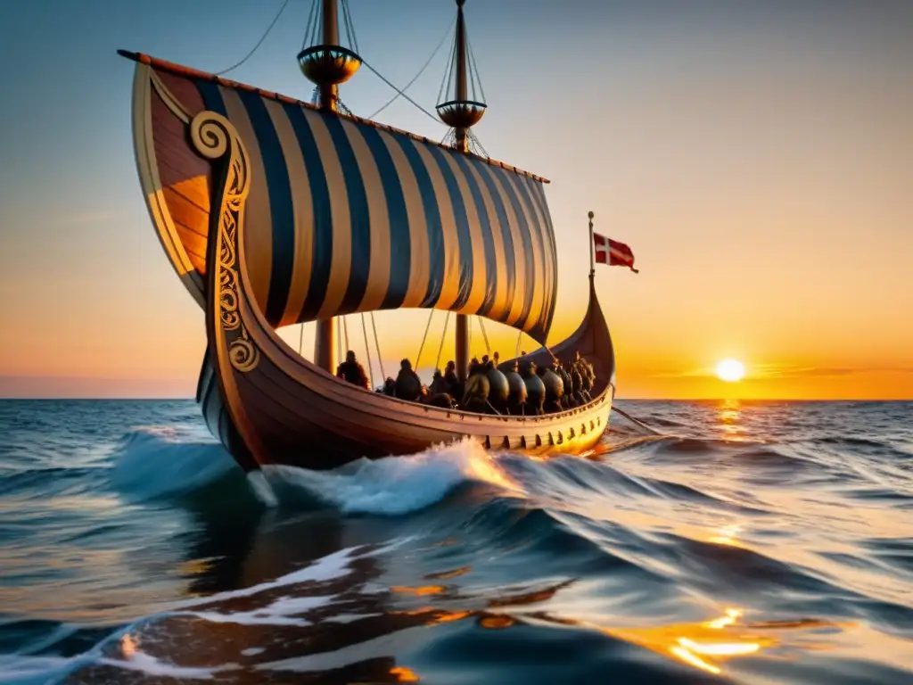 Un drakkar vikingo navegando por el mar Báltico al atardecer, mostrando el comercio vikingo en la era actual