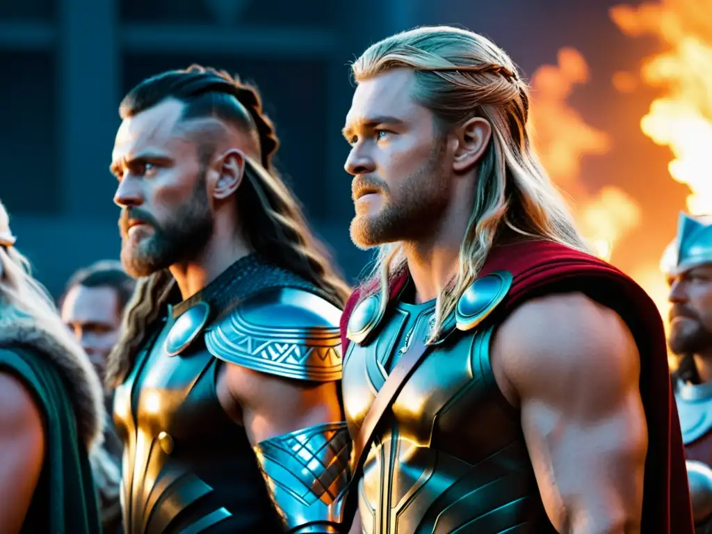 Dramática escena de deidades nórdicas en cine y televisión con Thor, Loki y Odin, en vestuarios detallados y expresiones intensas