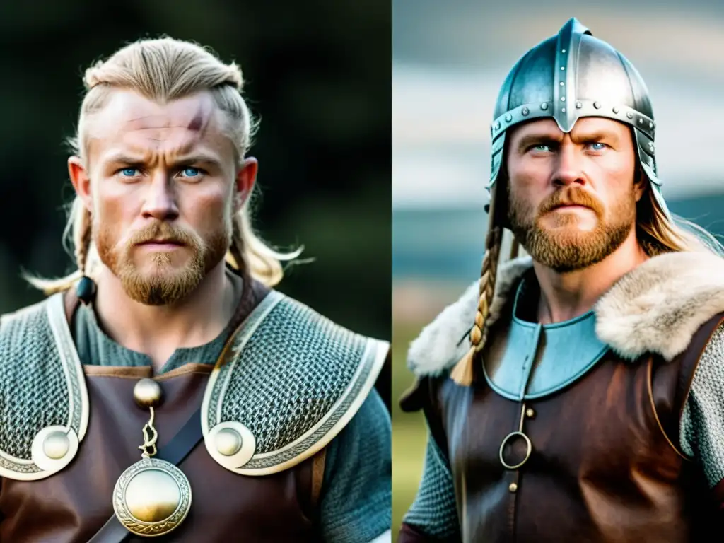 Dramática comparación entre un guerrero vikingo histórico y un actor moderno, resaltando la influencia de la ficción vikinga en la sociedad