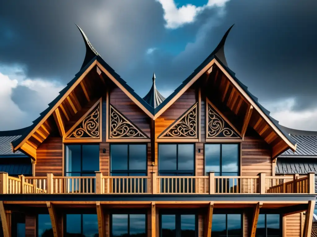 Edificio arquitectura actual con elementos vikingos, tallado en madera y motivos de dragones, iluminado por la luz natural del cielo dramático