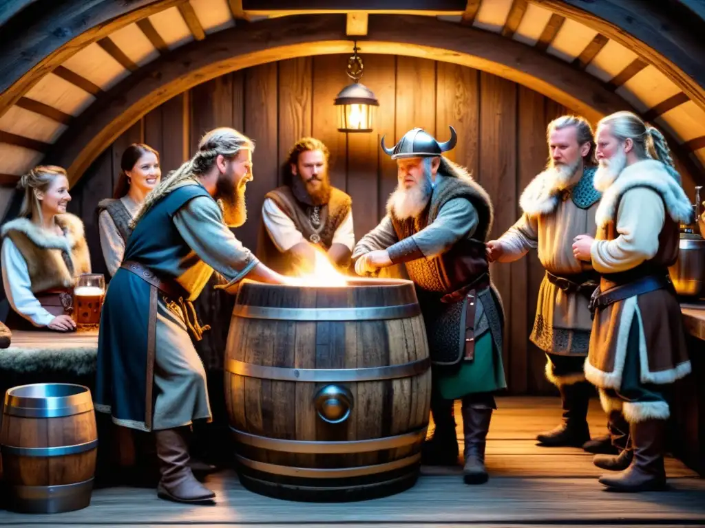 Elaboración cerveza artesanal vikinga en una ilustración detallada de vikingos elaborando cerveza en una cabaña nórdica rústica