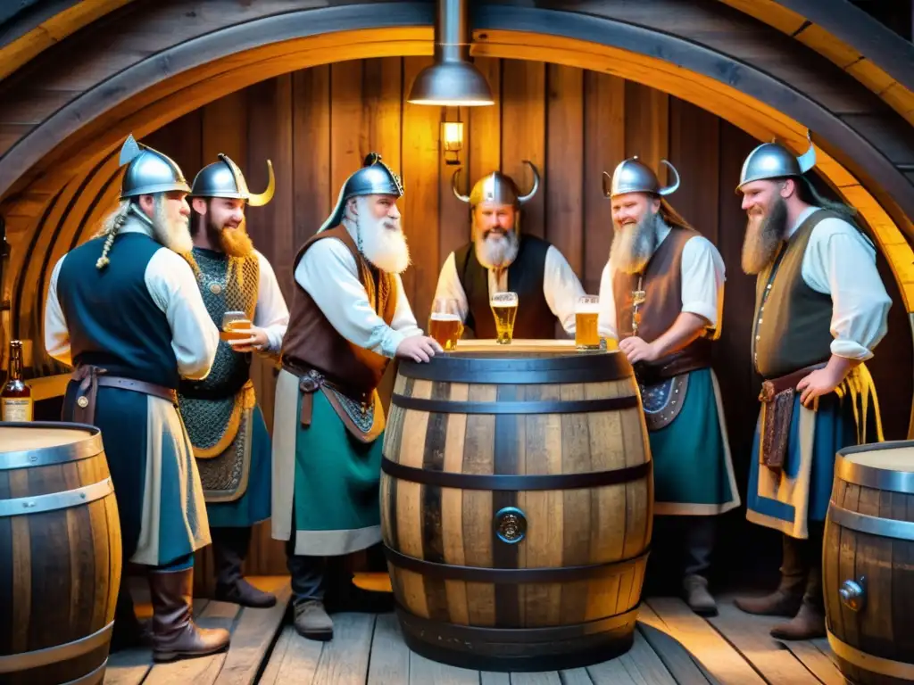 Elaboración de cerveza artesanal vikinga: Vikingos en tradicional atuendo alrededor de un gran barril en una antigua cervecería nórdica