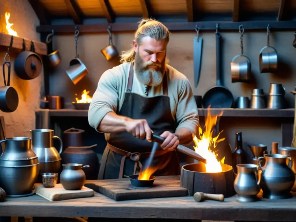 Elaboración cerveza artesanal vikinga: Vikingo forjando utensilios en taller nórdico