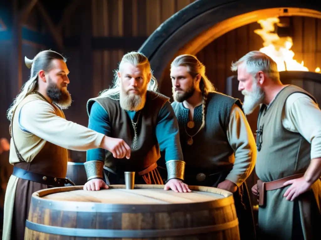 Elaboración de cerveza estilo vikingo en una cervecería rústica con vikingos vestidos tradicionalmente