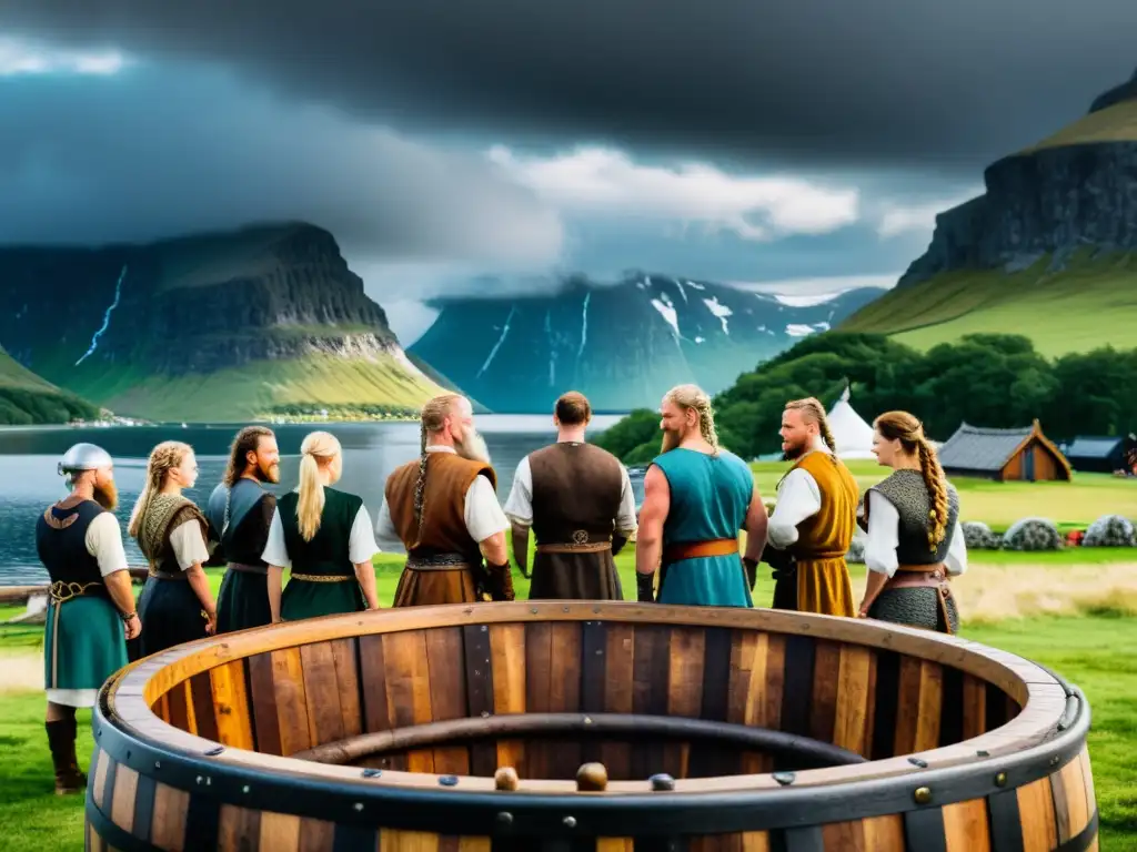 Elaboración de cerveza estilo vikingo en un antiguo pueblo nórdico bajo un cielo dramático