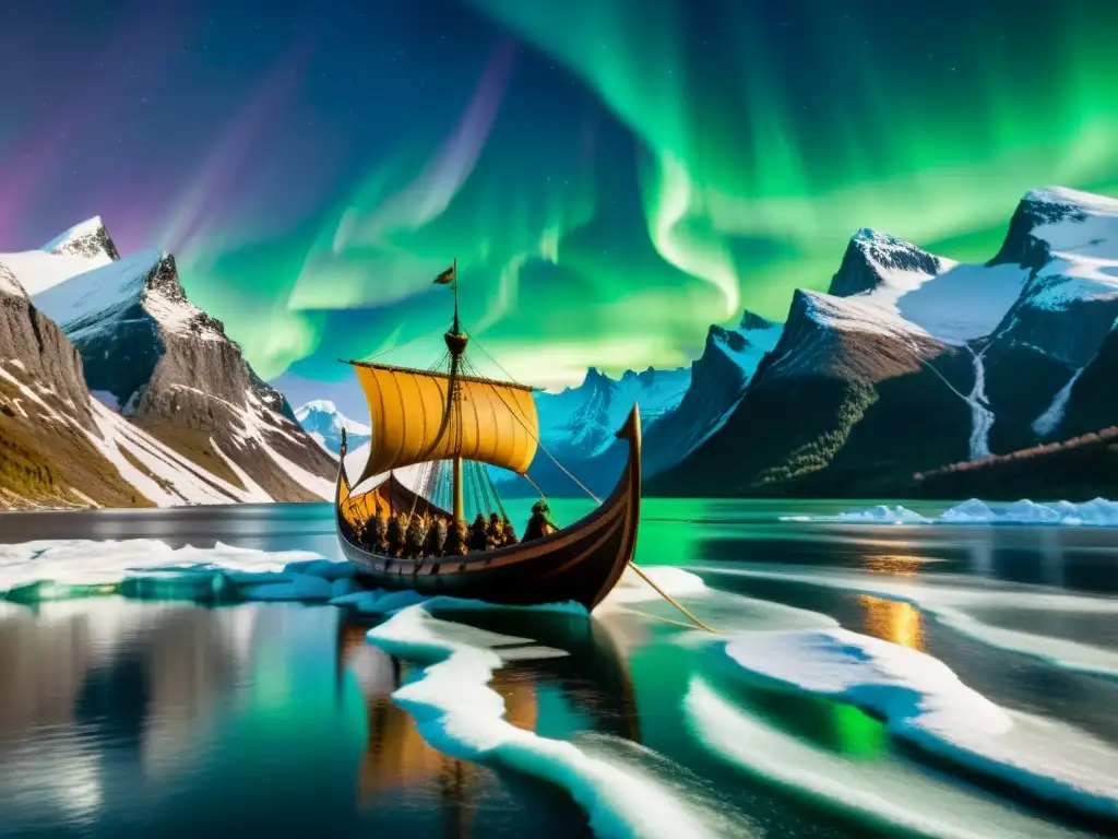 Embarcación vikinga navegando por aguas heladas, rodeada de guerreros nórdicos y paisajes dramáticos