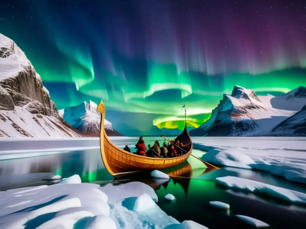 Embarcación vikinga surcando aguas heladas bajo la aurora boreal