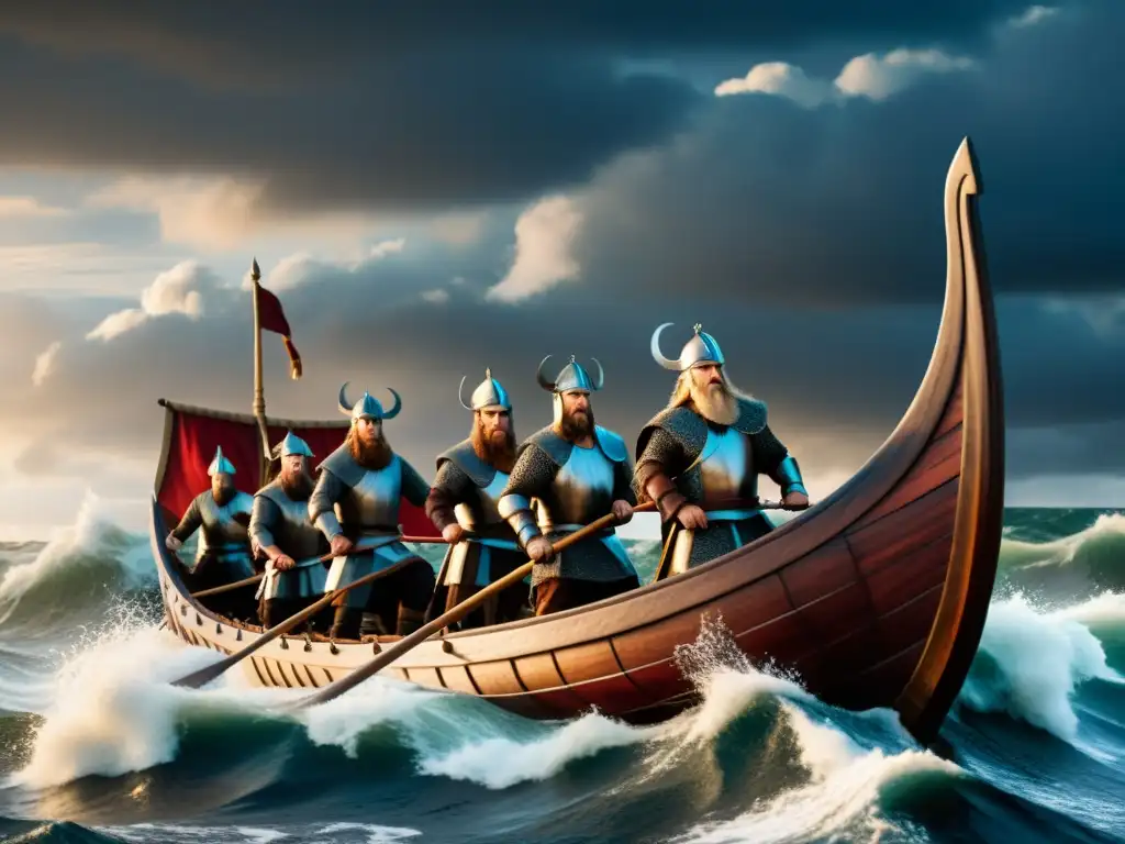 Embarcación vikinga navegando en aguas turbulentas con guerreros vikingos, evocando la narrativa vikinga en el cine