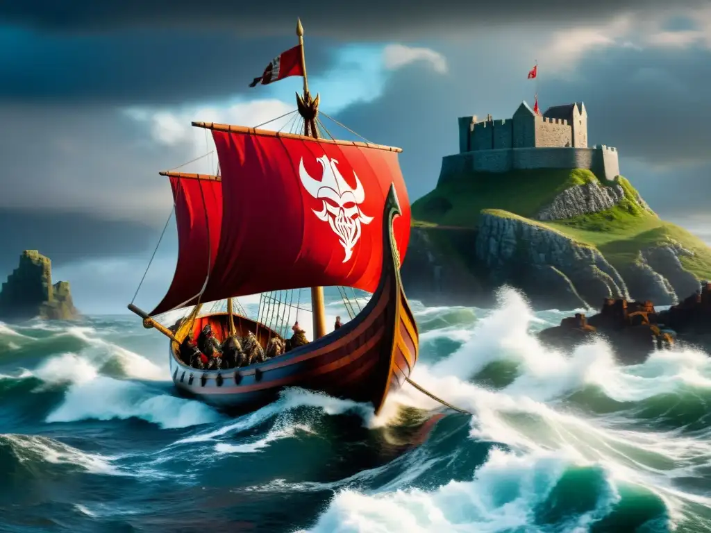 Embarcación vikinga surcando aguas turbulentas con un cielo dramático y un castillo medieval al fondo, capturando la estrategia vikinga Total War Saga