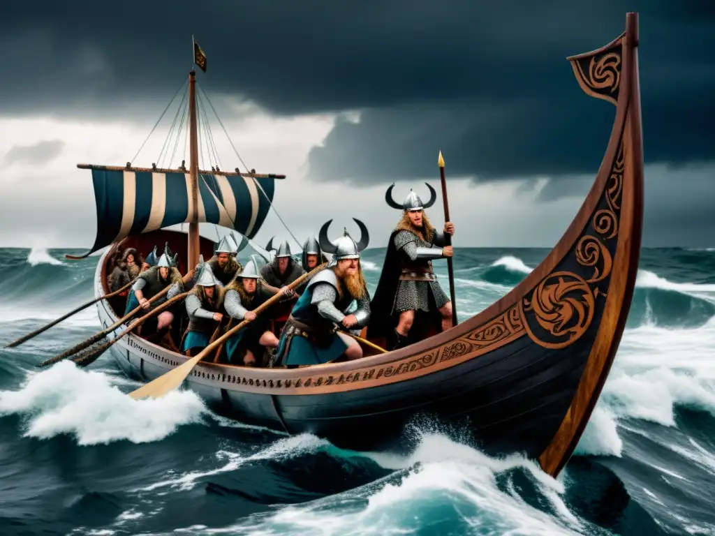 Una embarcación vikinga navegando en aguas turbulentas, guerreros listos para la batalla