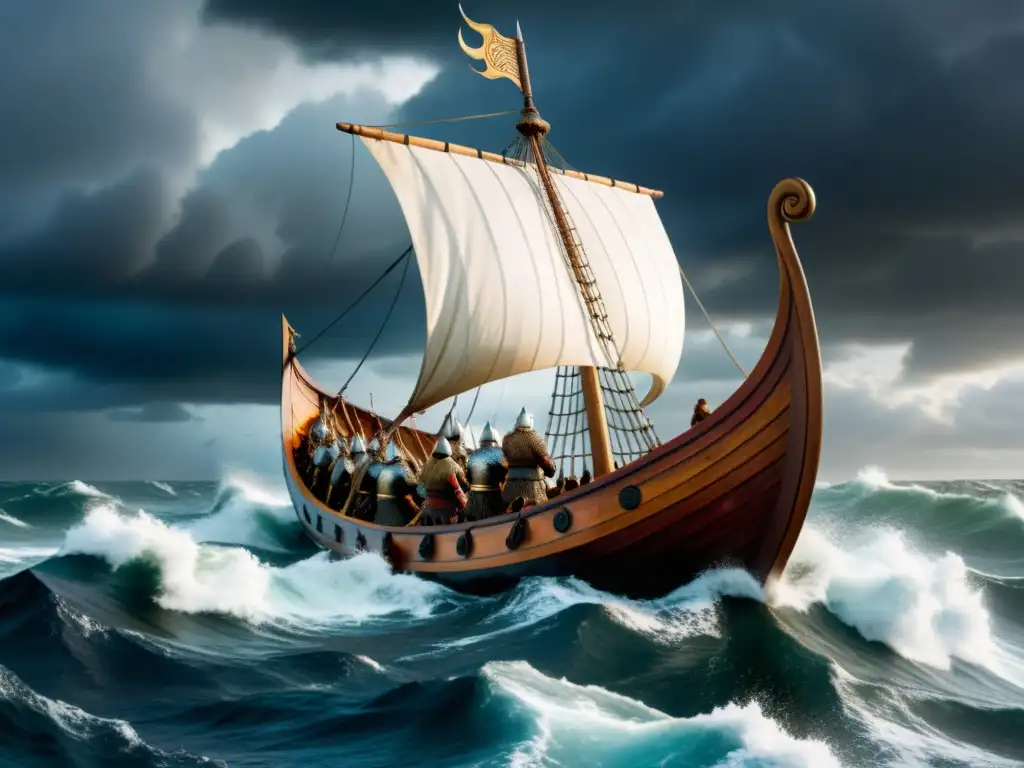 Embarcación vikinga en alta mar con guerreros y tormenta, ideal para novelas históricas mitología vikinga