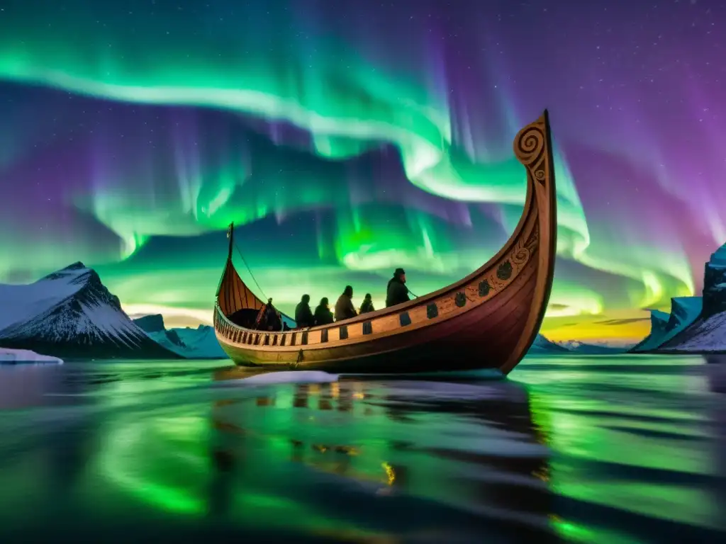 Embarcación vikinga navegando bajo la aurora boreal, exhibiendo intrincados grabados y escudos