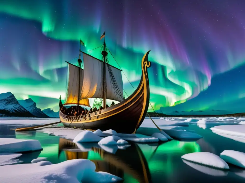 Embarcación vikinga navegando bajo la aurora boreal