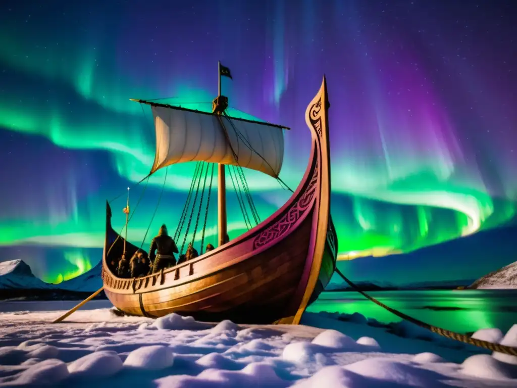 Embarcación vikinga bajo auroras boreales con guerreros, armaduras y espadas