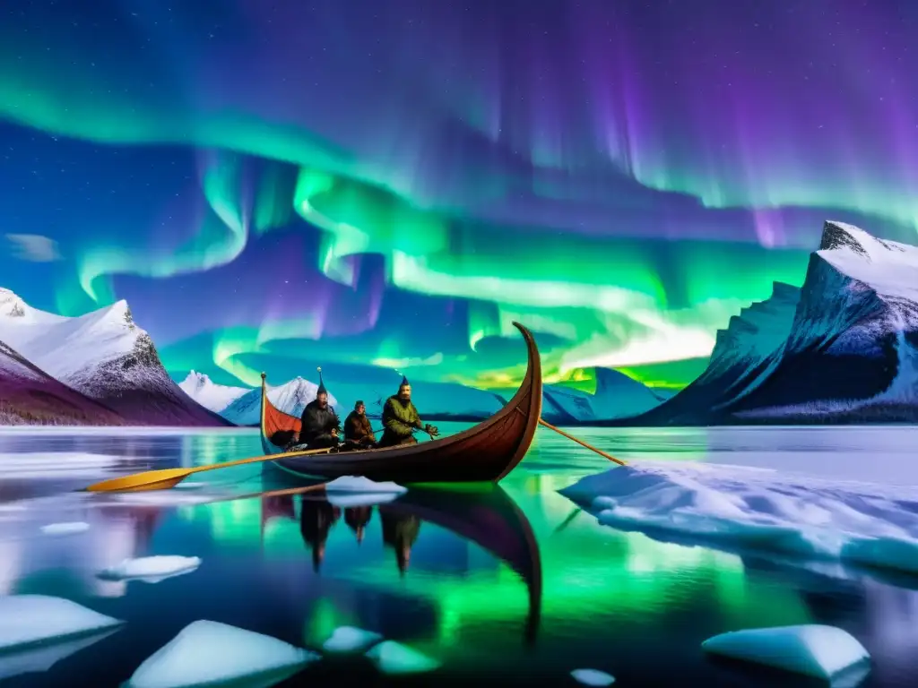 Embarcación vikinga navegando bajo auroras boreales en aguas heladas, destacando su decoración detallada y tripulación remando intensamente