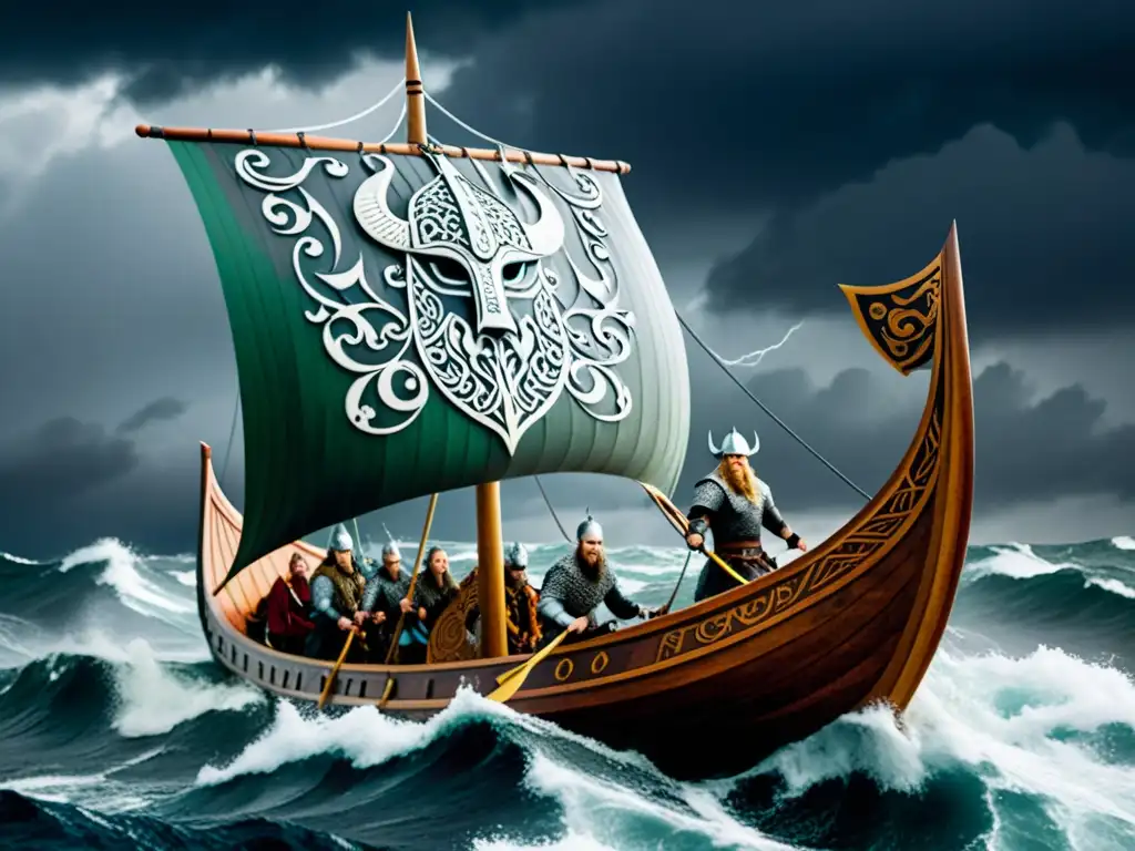 Una embarcación vikinga con decoraciones nórdicas, navegando en aguas turbulentas bajo un cielo tormentoso con Loki en la vela