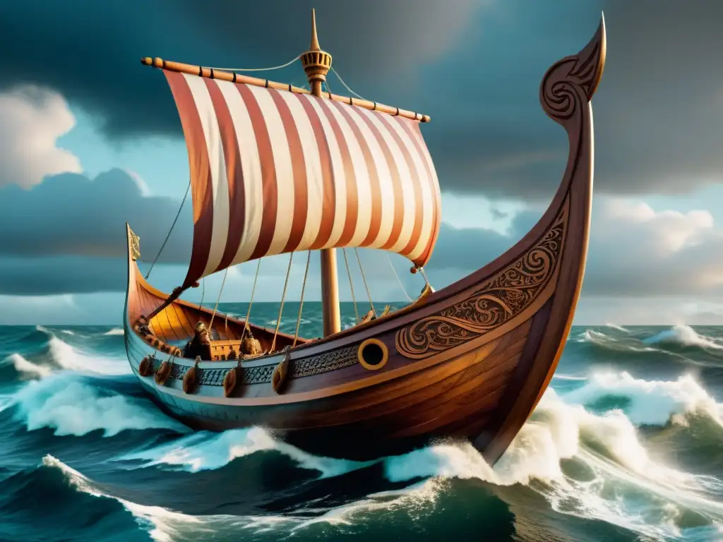 Embarcación vikinga detallada navegando en mares turbulentos, evocando aventura y exploración