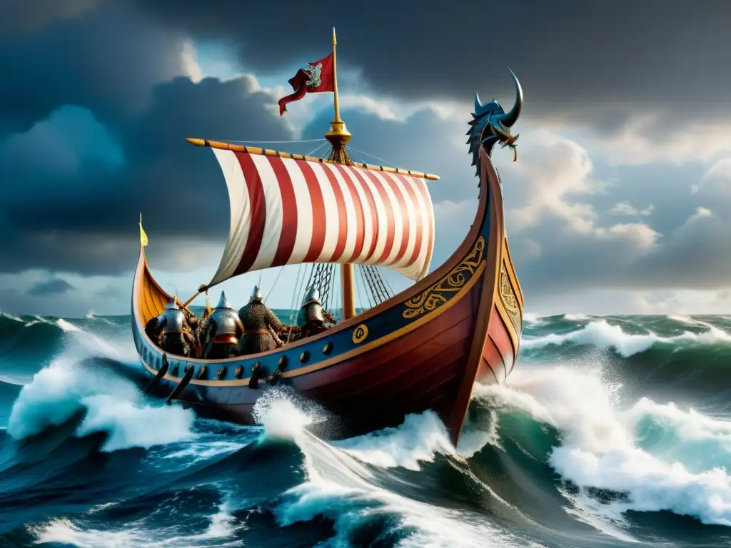 Embarcación vikinga con diseño de dragones navegando en aguas turbulentas bajo un cielo dramático