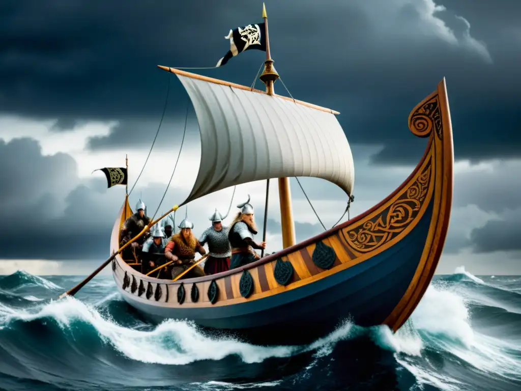 Embarcación vikinga con guerreros navegando en aguas turbulentas, simbolizando las rutas comerciales vikingas en la economía global