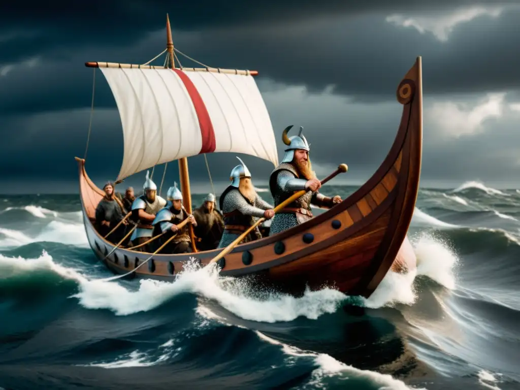Embarcación vikinga con guerreros en tormenta
