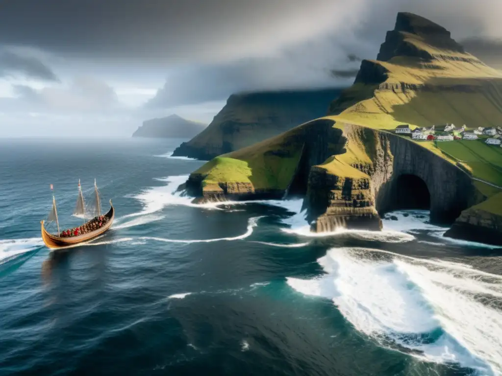 Embarcación vikinga en Islas Feroe, rodeada de acantilados brumosos y vikingos en cubierta