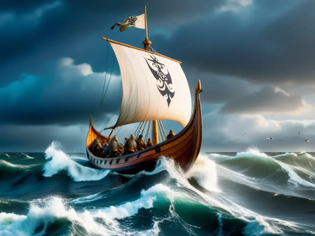 Embarcación vikinga surca mares tormentosos con guerreros remando, bandera con runas, olas y gaviotas: audiolibros vikingos cultura mitología