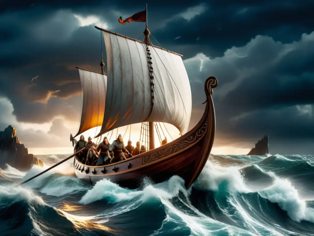 Embarcación vikinga surcando mares tormentosos con guerreros y dragones tallados, reflejando la época vikinga en los mejores juegos de mesa vikingos