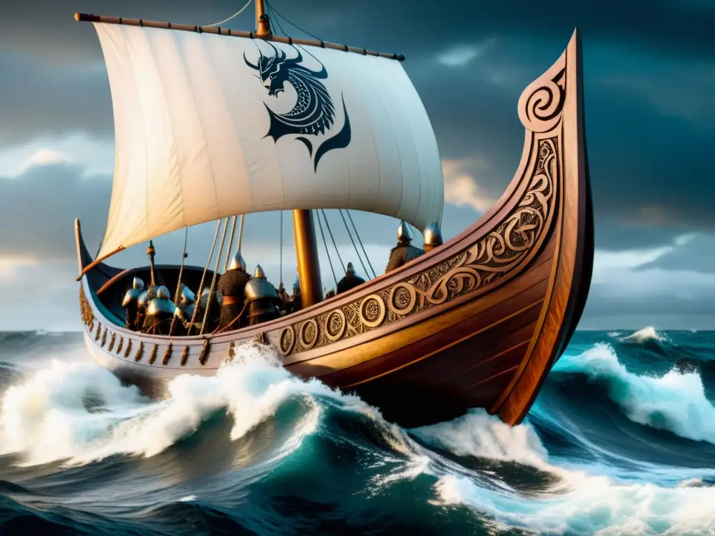 Embarcación vikinga surca mares turbulentos con dragones y runas, mostrando construcción naval y simbolismo marítimo