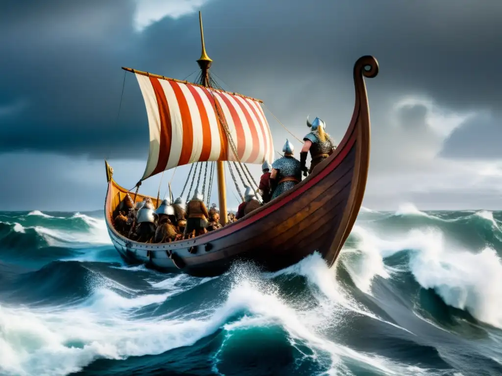 Una embarcación vikinga surca mares turbulentos con vikingos valientes a bordo, en una expedición vikinga audaz hacia lo desconocido