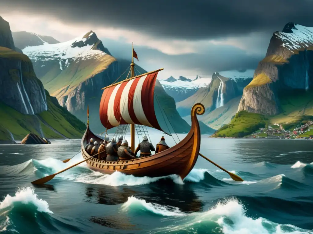 Embarcación vikinga en peregrinaciones en la era vikinga por mares turbulentos entre fiordos y montañas nevadas