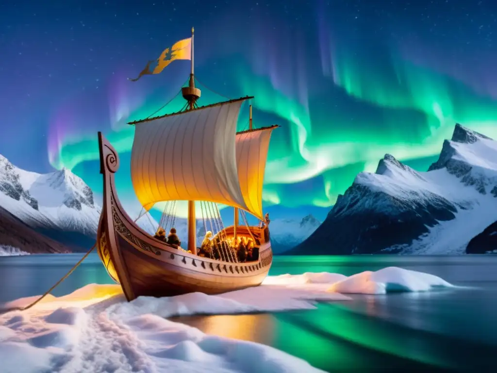 Embarcación vikinga tallada surca mares tormentosos bajo cielo estrellado y auroras boreales, reflejando la enseñanza de la cultura vikinga