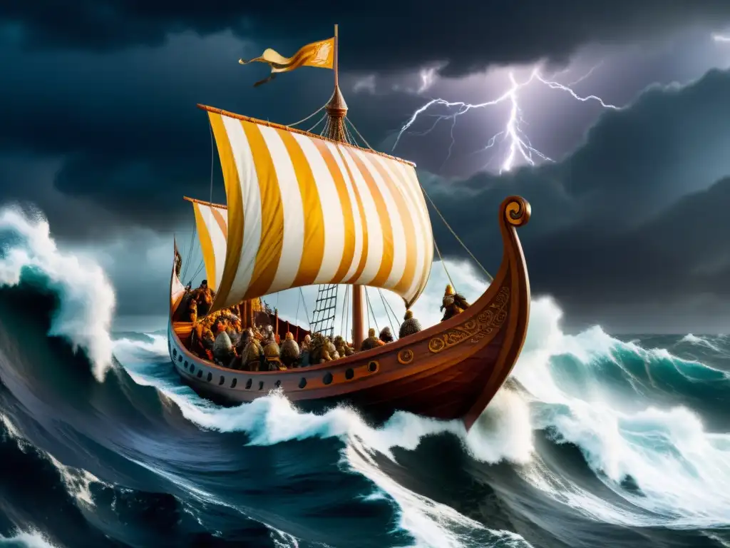 Embarcación vikinga navegando en tormenta con olas gigantes y guerreros determinados, influencia de sagas nórdicas en fantasía contemporánea