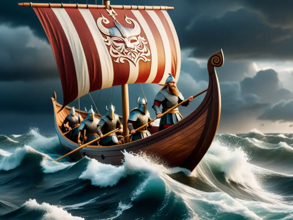 Embarcación vikinga navegando entre tormentas, evolución barcos vikingos mitología